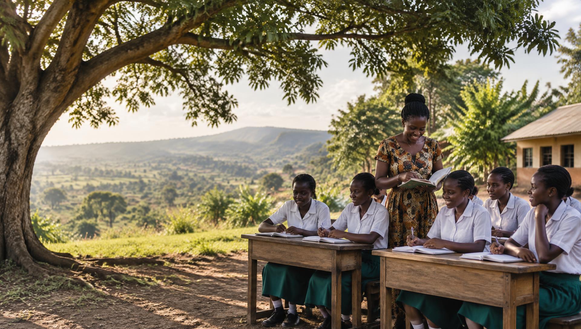 Illustrative scene of girls learning together under a tree with their teacher